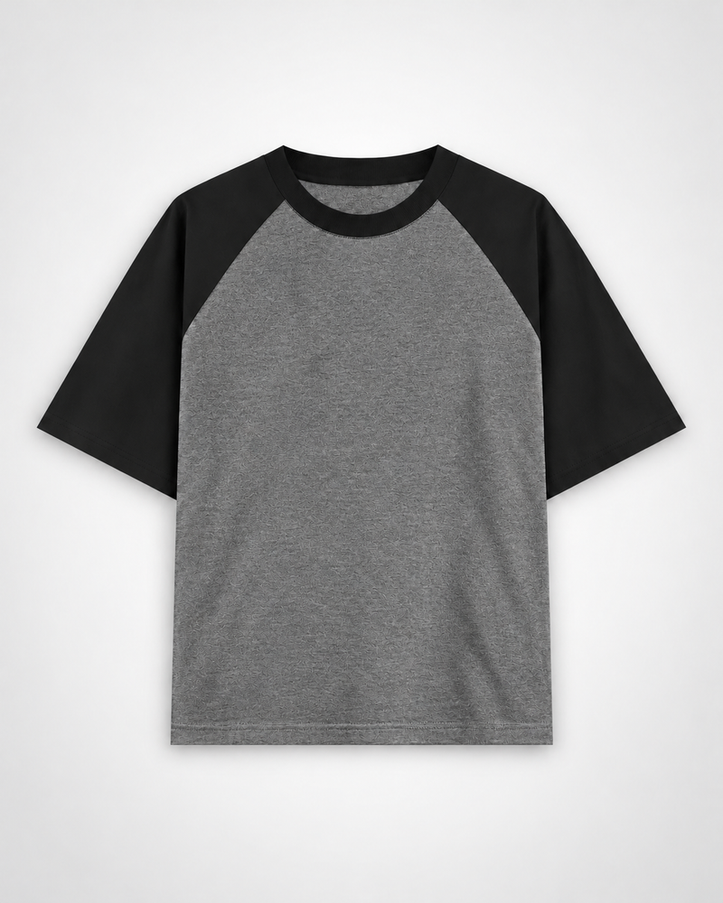 Black Charcoal Melange Plain Unisex Oversized Raglan